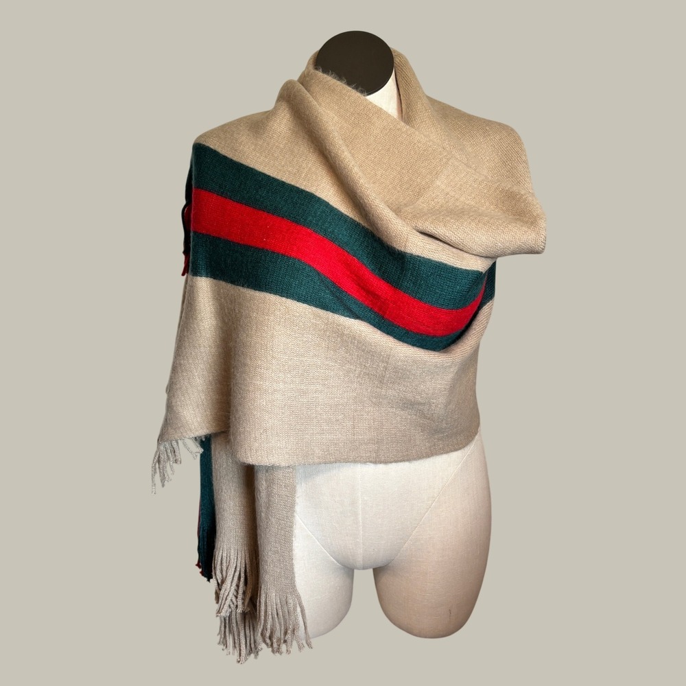 Womens Wrap Scarf Beige Webbing Stripe Fringed Preppy Shawl Old Money Academia